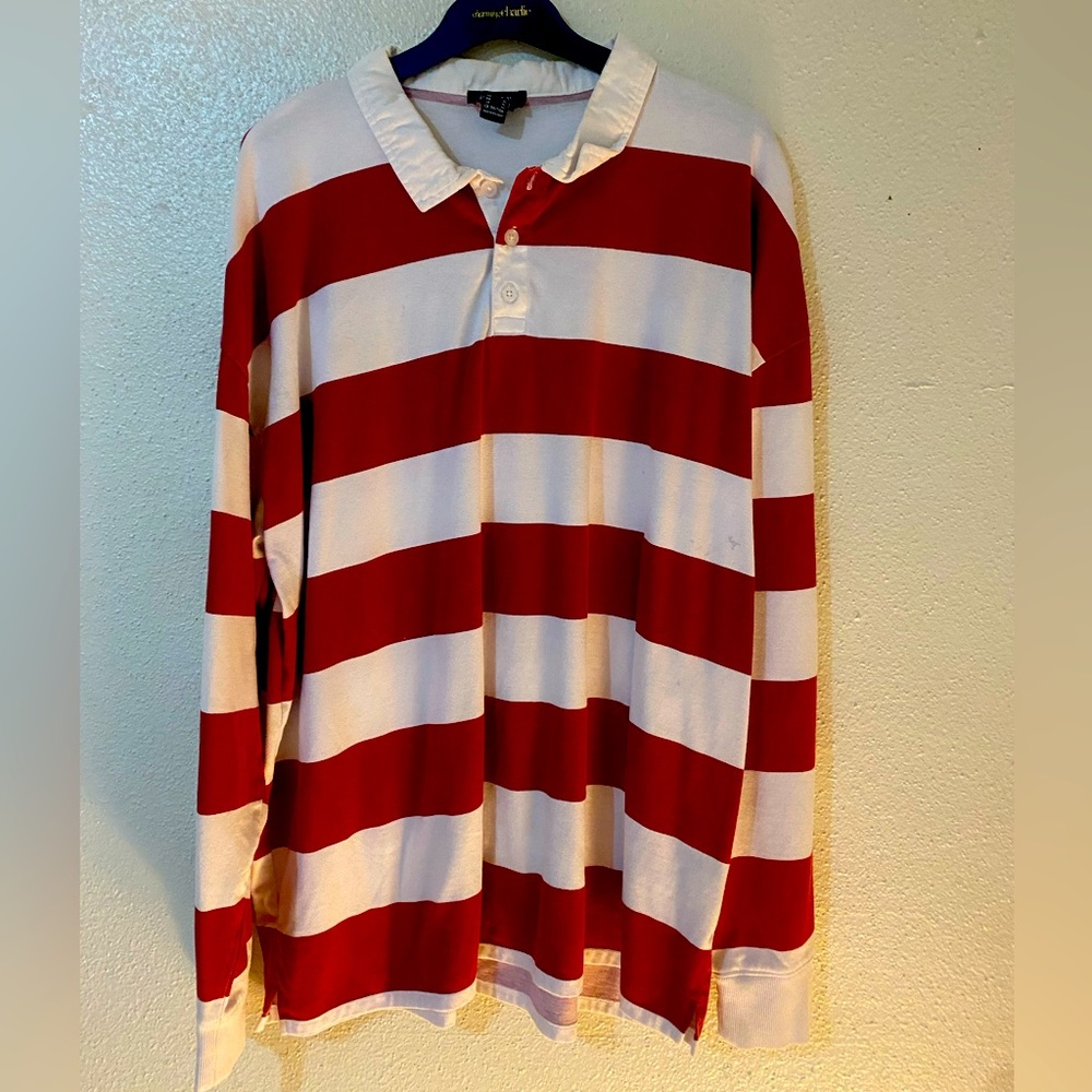 Forever21 Men - Red And White Stripes Long Sleeve Polo